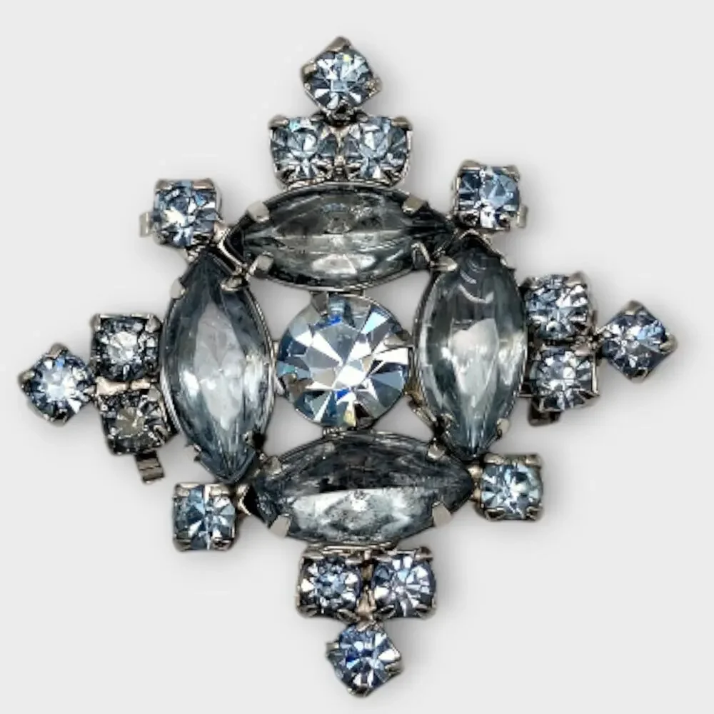 Ice Blue Starburst Rhinestone Brooch Silver Tone Mixed Cut Mid Century Cool Glam